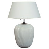 Pair of White Glazed Finely Fluted Bulbous Ceramic Table Lamps.
