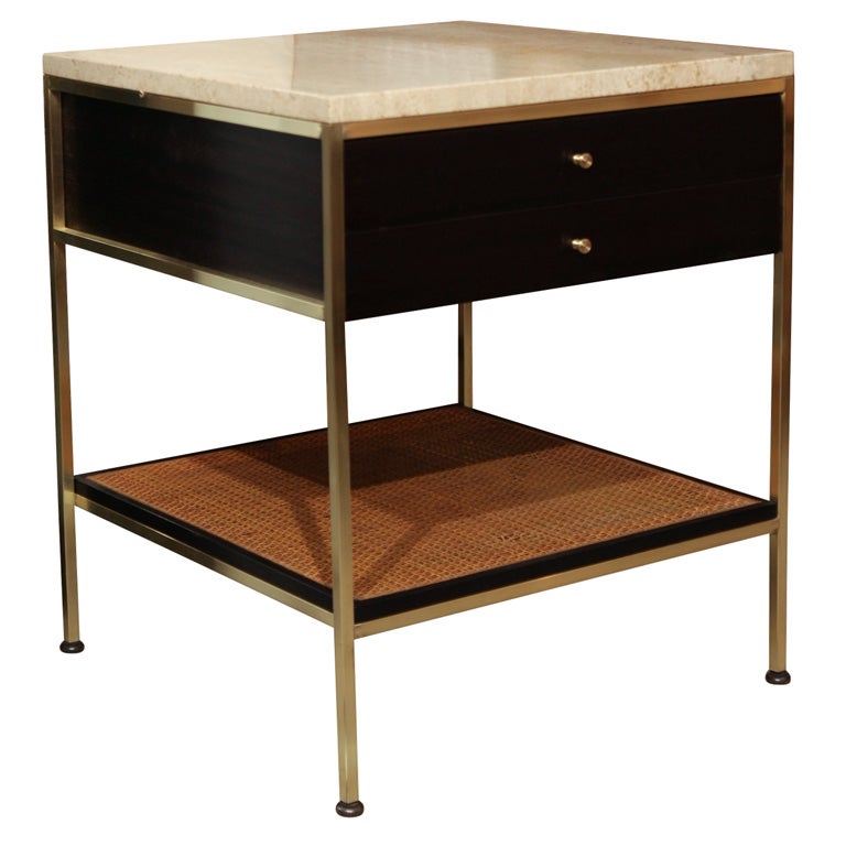 Paul McCobb ebonized bedside table with brass and travertine