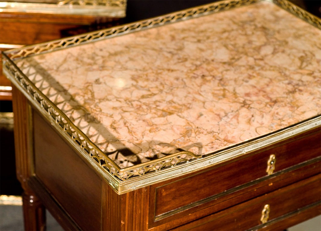 Stamped Jansen Pair of Marble Top End Tables