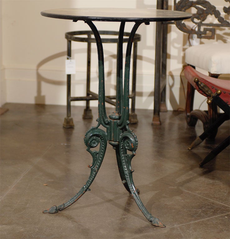 English Vintage Side Table with Iron Base and Pastoral Scene Painted Round Top In Good Condition In Atlanta, GA
