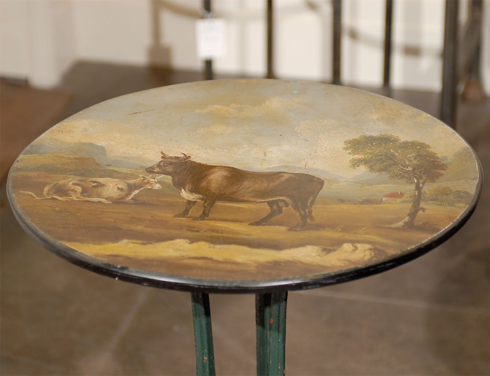 20th Century English Vintage Side Table with Iron Base and Pastoral Scene Painted Round Top