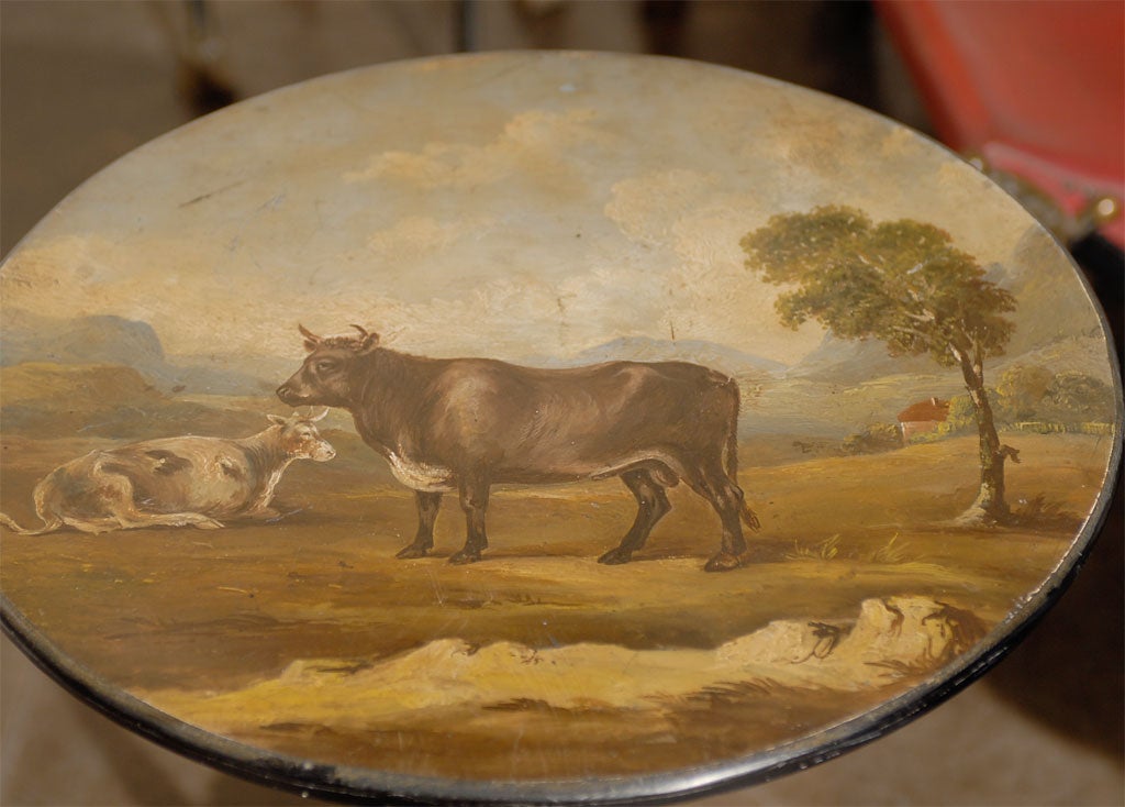 English Vintage Side Table with Iron Base and Pastoral Scene Painted Round Top 3