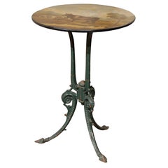 English Vintage Side Table with Iron Base and Pastoral Scene Painted Round Top