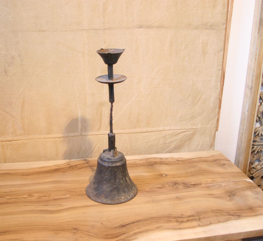 handmade iron oil lamp, can be adapted to use with candles, wonderful patina, great folk art piece.