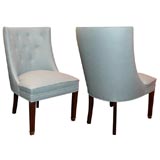 Pair of button tufted slipper chairs upholstered in blue linen
