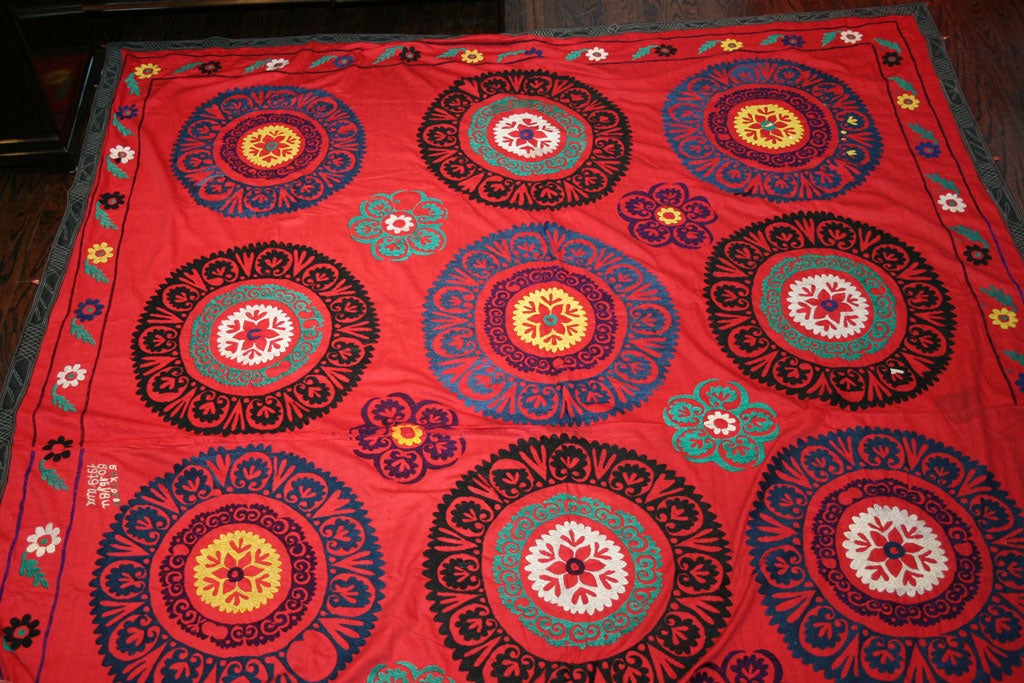 Mid-20th Century Uzbek Silk  Embroidered Samarkand Suzani