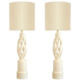 Carved Wood Twist Lamps by Frederick Cooper in Cream Lacquer