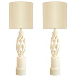 Carved Wood Twist Lamps by Frederick Cooper in Cream Lacquer