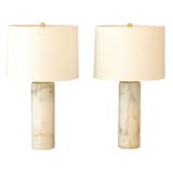 Pair of Carrera Marble Column Lamps with Custom Linen Shades