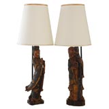 Monumental Pair of Carved and Gessoed Wood Chinese Deity Lamps
