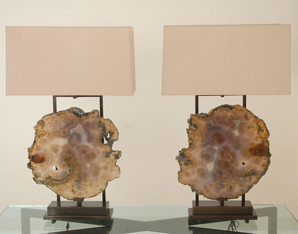 Pair of Matching Grand Agate Custom Lamps with Silk Shades