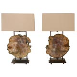 Pair of Matching Grand Agate Custom Lamps with Silk Shades