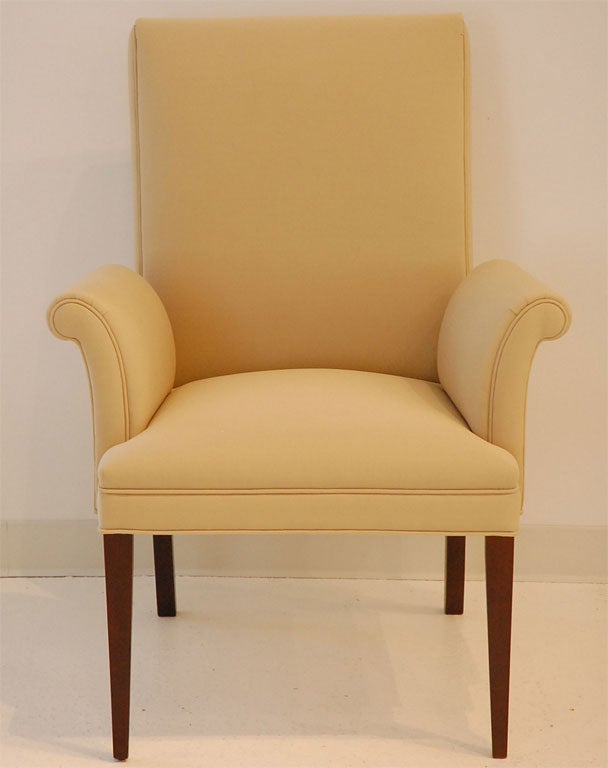 American Pair of Upholstered Scroll Arm Chairs by Tommi Parzinger
