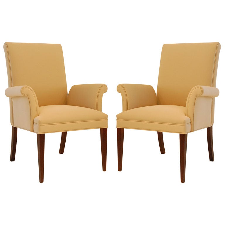 Pair of Upholstered Scroll Arm Chairs by Tommi Parzinger