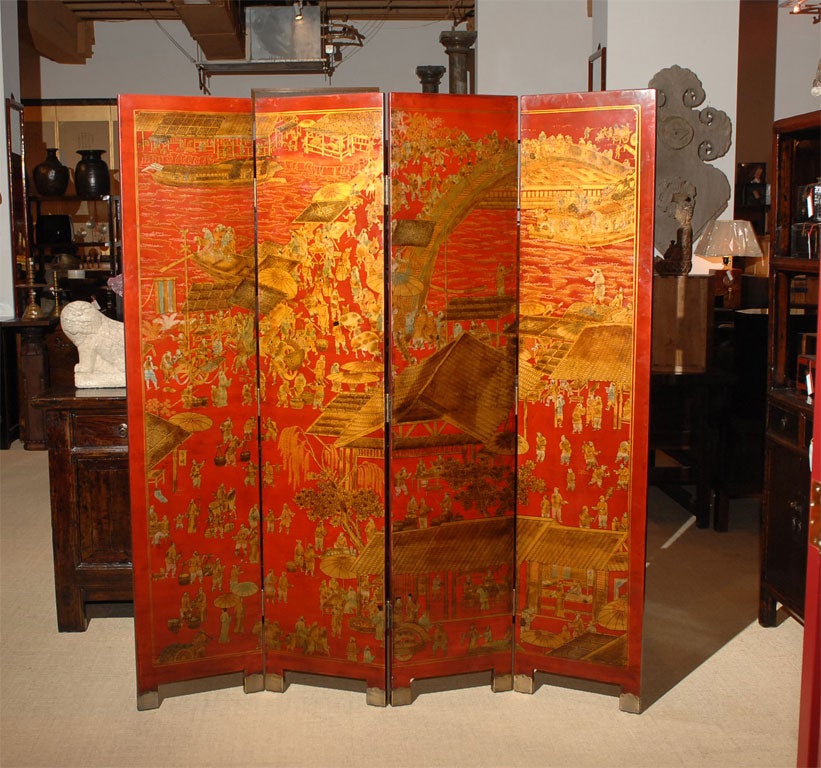 2 sided contemporary Chinese painted red leather screen. One side is painted with flowers and birds and the other is painted landscape with people and building structures.  1007336-75010