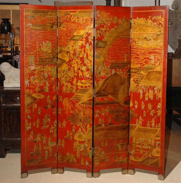Contemporary Painted Red Leather Screen