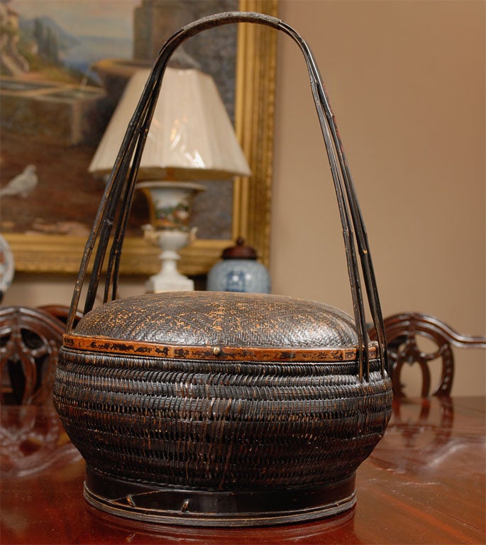 19th Century Black Asian Rattan Bread Basket with Tall Handle 4