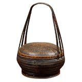19th Century Black Asian Rattan Bread Basket with Tall Handle