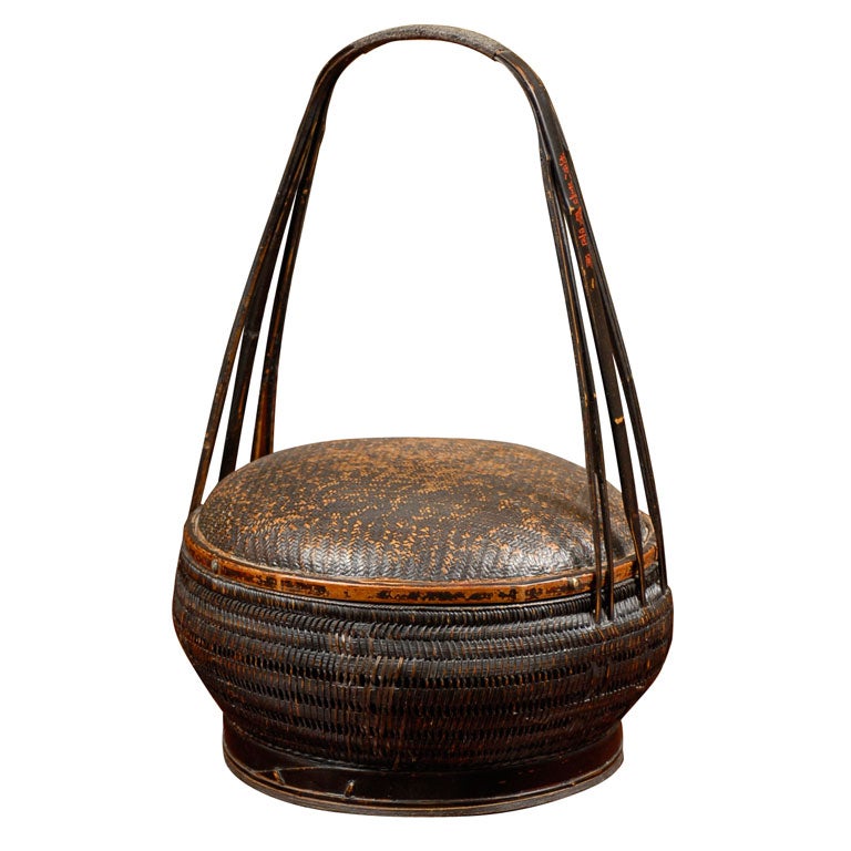 19th Century Black Asian Rattan Bread Basket with Tall Handle
