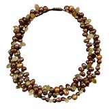 Brown Rice Pearl Multistrand Necklace w/ Faceted Grassula Stones