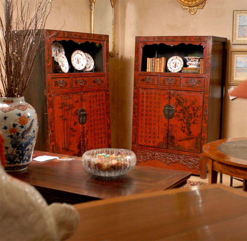 19th Century Rare Pair of Red Hand Painted Qing Dynasty Cabinets