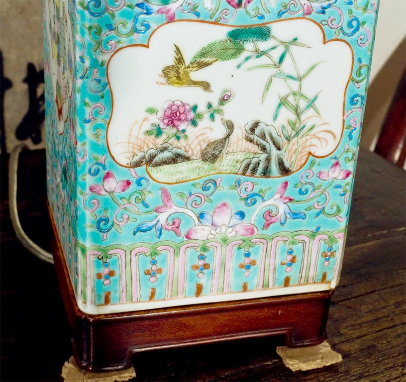 Lamp made from a 19th Century faille rose turquoise vessel. 2