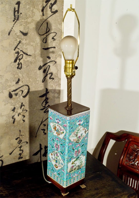 Lamp made from a 19th Century faille rose turquoise vessel. 5