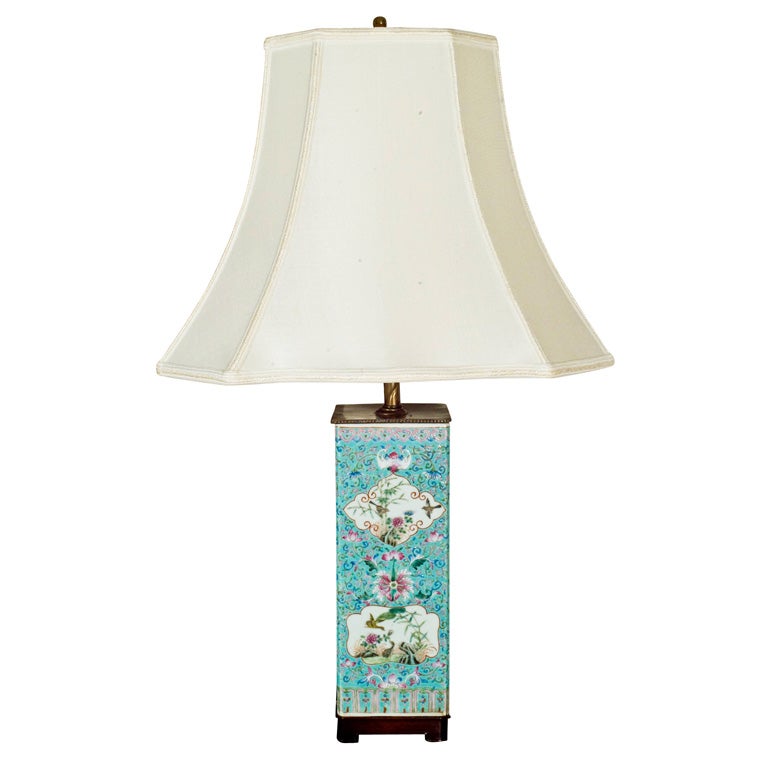 Lamp made from a 19th Century faille rose turquoise vessel.