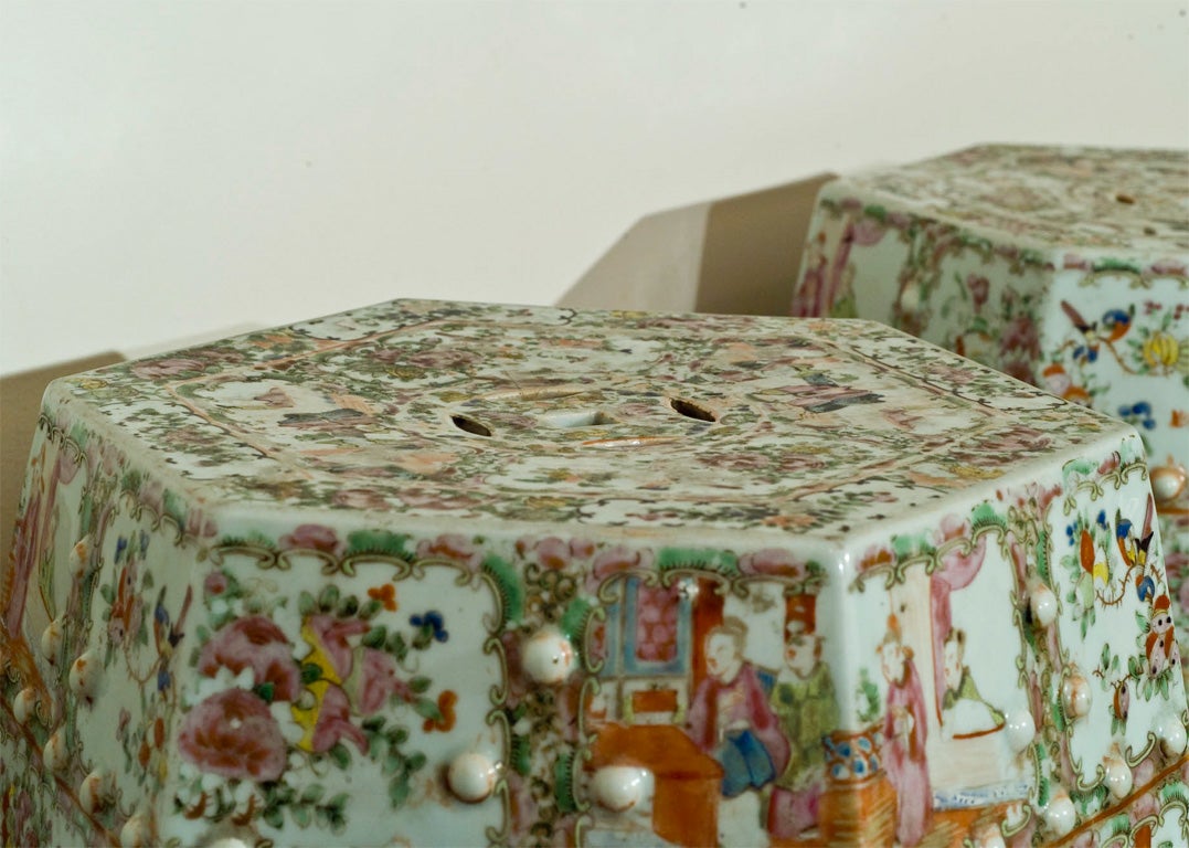 Pair of 19th Century porcelain rose medallion garden stools 3