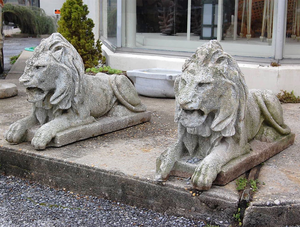 American Pair Of Cast Stone Recumbent Lions For Sale