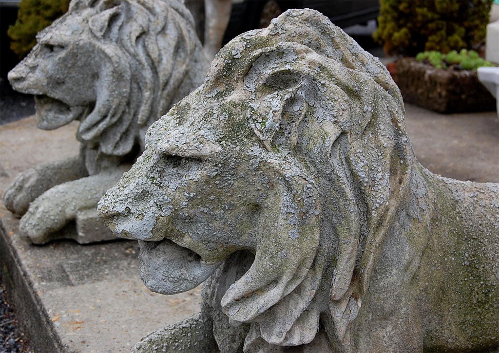 20th Century Pair Of Cast Stone Recumbent Lions For Sale