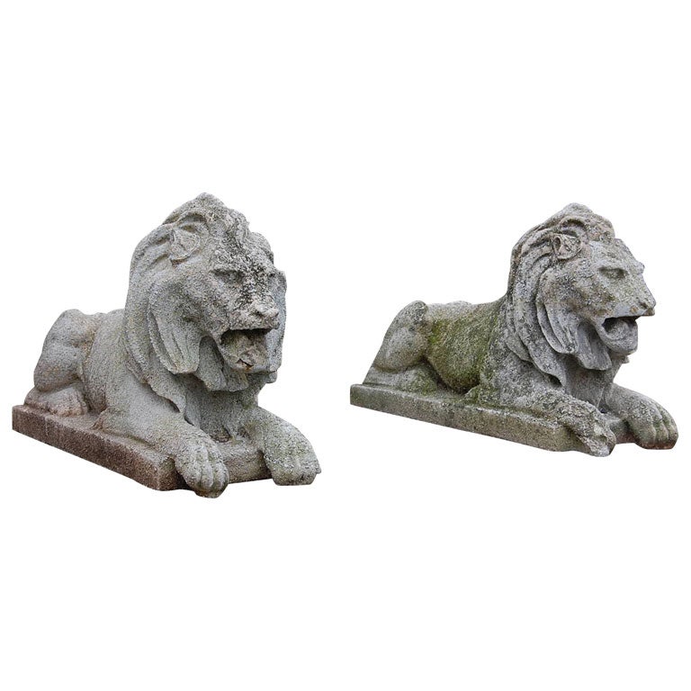 Pair Of Cast Stone Recumbent Lions For Sale