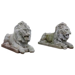 Pair Of Cast Stone Recumbent Lions