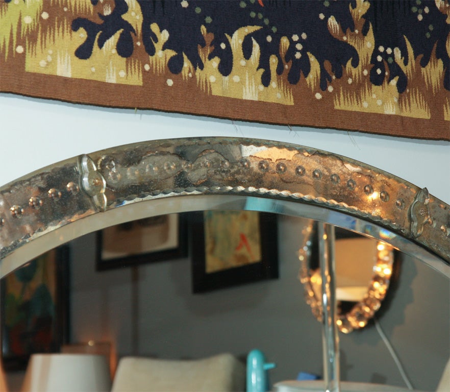 Mid-20th Century Oval Mirror with Beveled Frame and Applied Florets, French 1940s