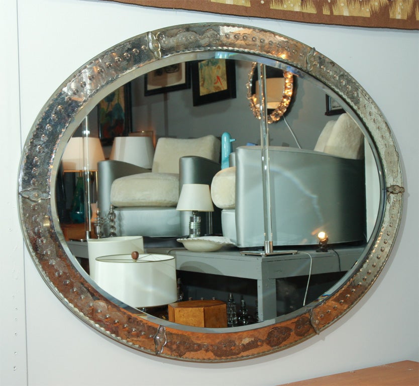 Oval Mirror with Beveled Frame and Applied Florets, French 1940s 3