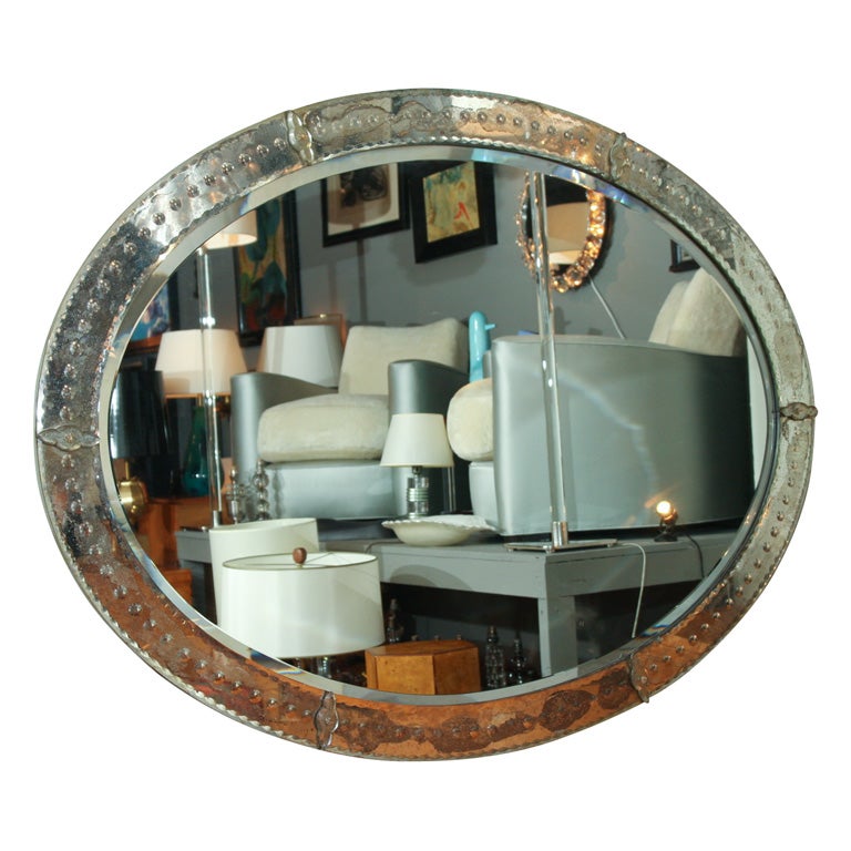 Oval Mirror with Beveled Frame and Applied Florets, French 1940s