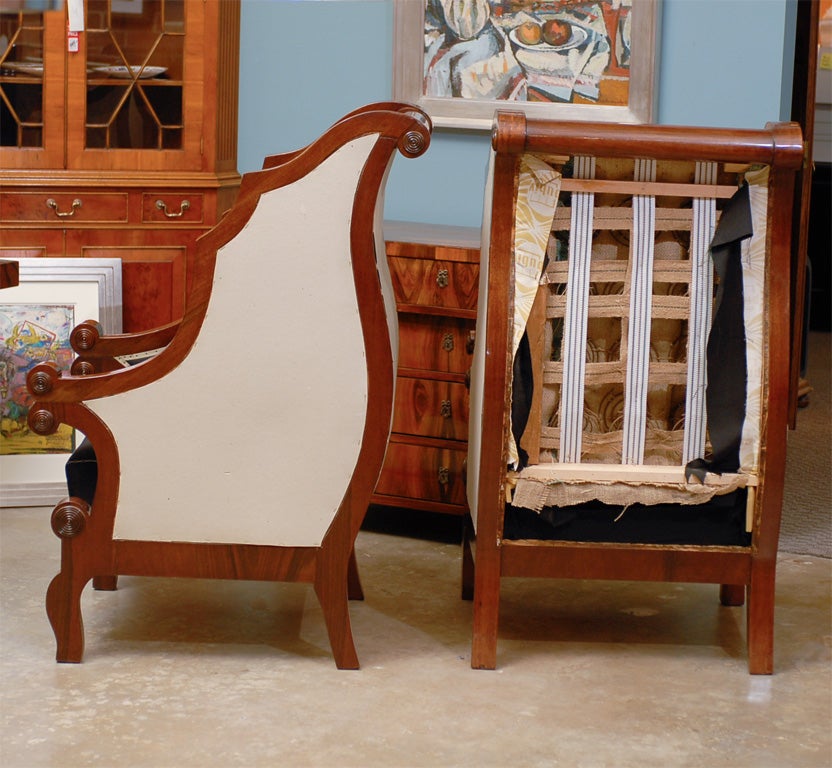 Pair of Biedermeier Club Chairs with Cascading Arms from the 19th Century  1