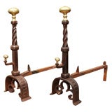 Antique Pair of 17th Century Brass and Wrought Iron Andirons