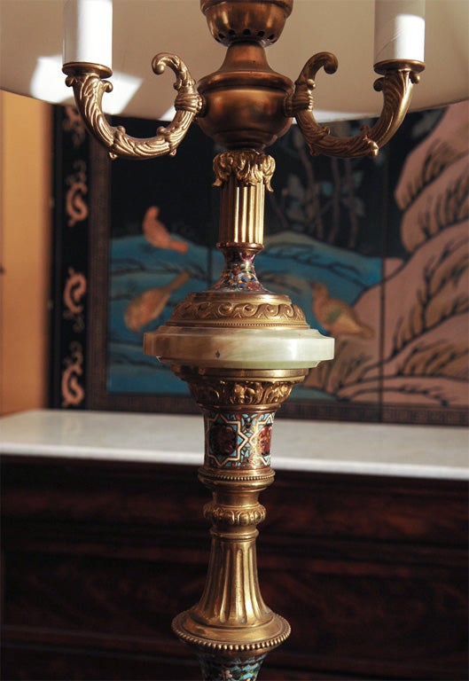 Brass French Champleve and Onyx Floor Lamp