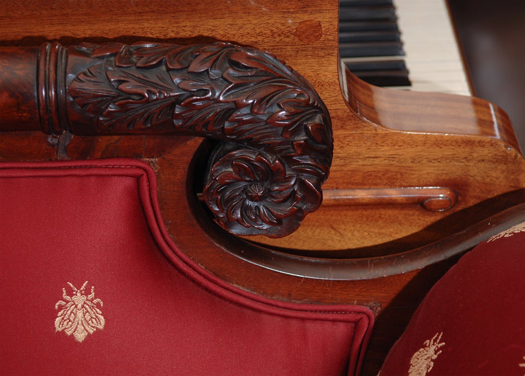 American Empire mahogany classical sofa, having hairy paw crouching lions claw feet front and back with winged cornucopia scrolling foliate details and bronze dore' ormolu medallions, circa 1830.<br />
PLEASE VISIT OUR WEBSITE: