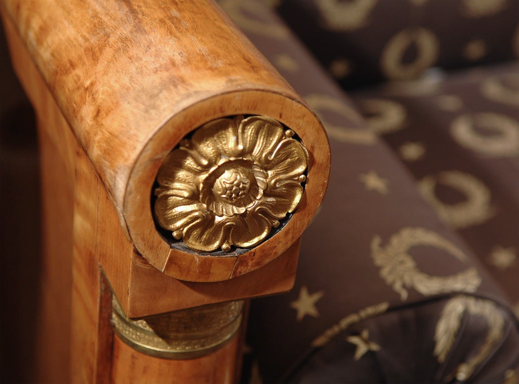 Russian Empire Neoclassical Birchwood sofa with gold dore' bronze ormolu mounts, circa 1820.