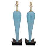A.V.E.M. Aqua and Copper Murano Lamps on Black Lacquer