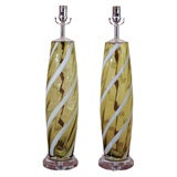 Vintage Chartreuse Murano Lamps with White Ribboned Swirl