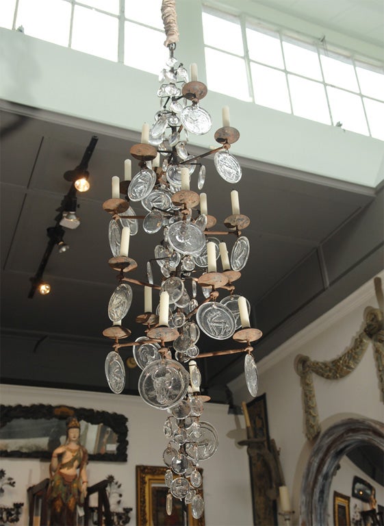 large Erik Hoglund glass and iron chandelier. 18-lights. <br />
Boda Nova Glassworks. Axel Stromberg Ironworks