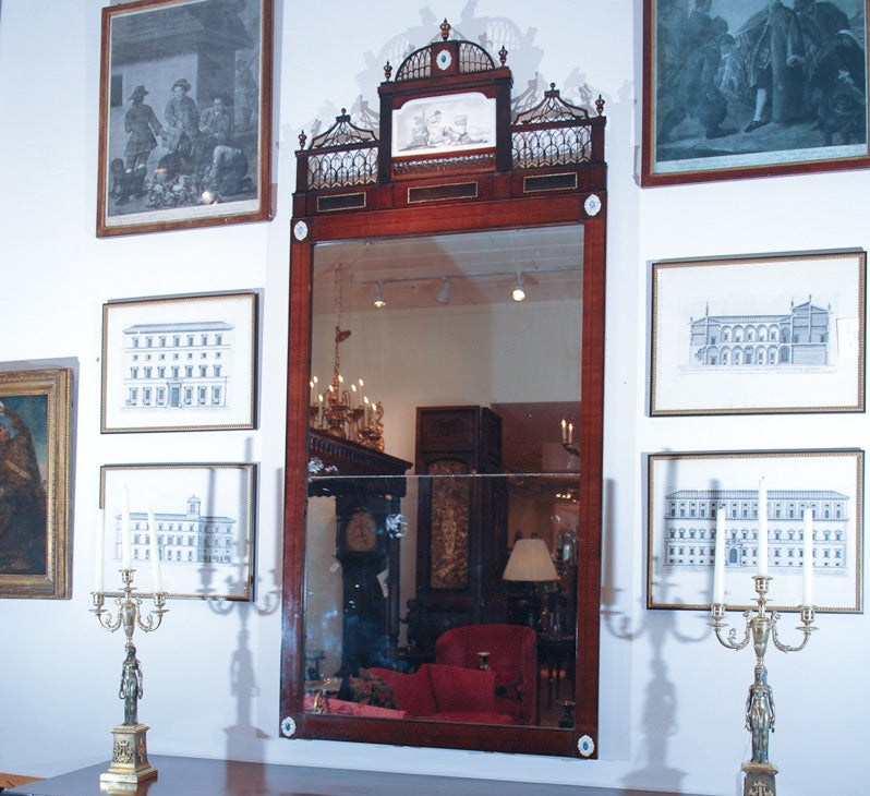 English Regency Mahogany Pier Mirror with Inlaid Porcelain Plaque