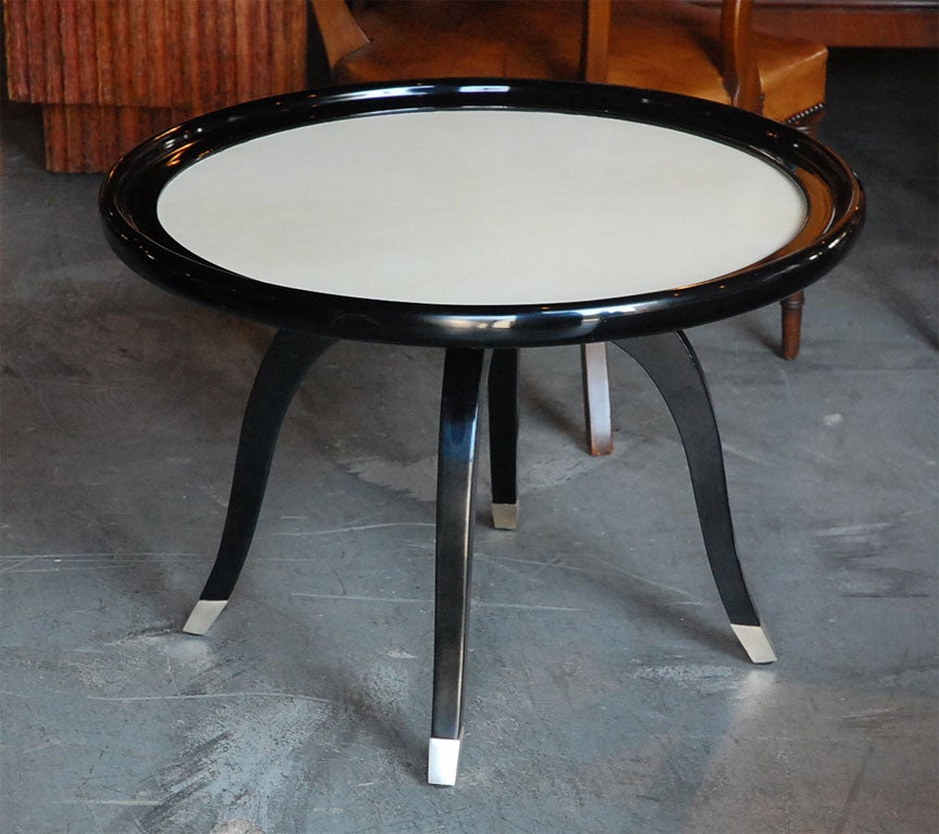 Ebonized Wood and Parchment Ocassional Table with Four Legs and Metal Capped Feet