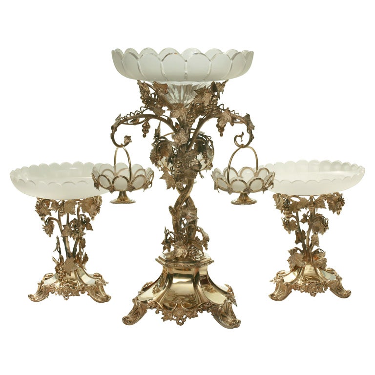 19th Century French Silver Plate Vermeil Three-Piece Centerpiece Set For Sale