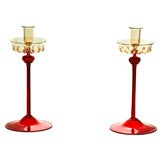 Pair of Venini Topaz and Ruby Hand Blown Candlesticks 12 3/4"