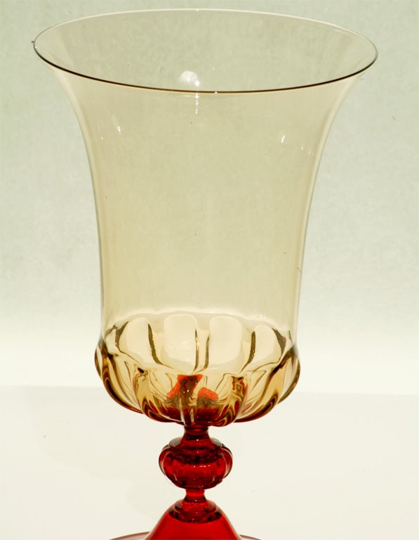 Italian Venini Hand Blown Topaz and Red Vase For Sale