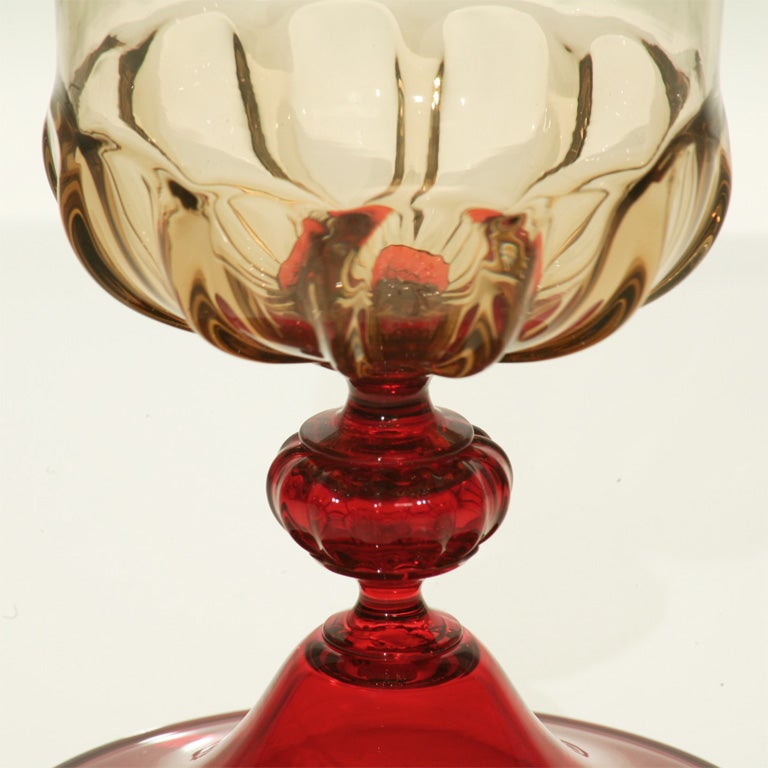 20th Century Venini Hand Blown Topaz and Red Vase For Sale